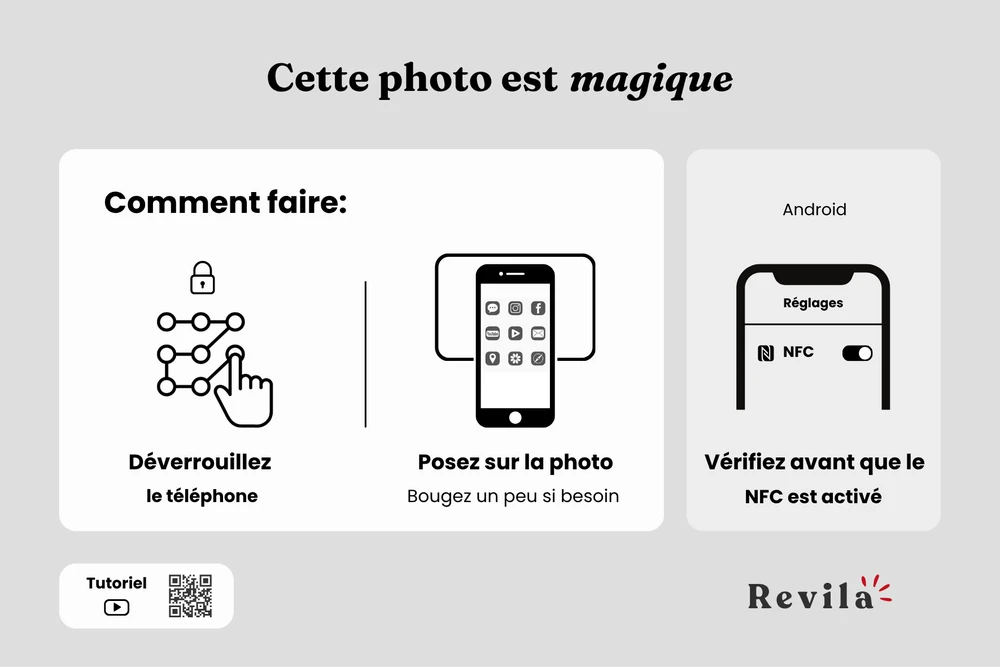 Au dos : déverrouillez le téléphone, posez-le sur la photo, la vidéo se lance. Sans appli ni QR code.